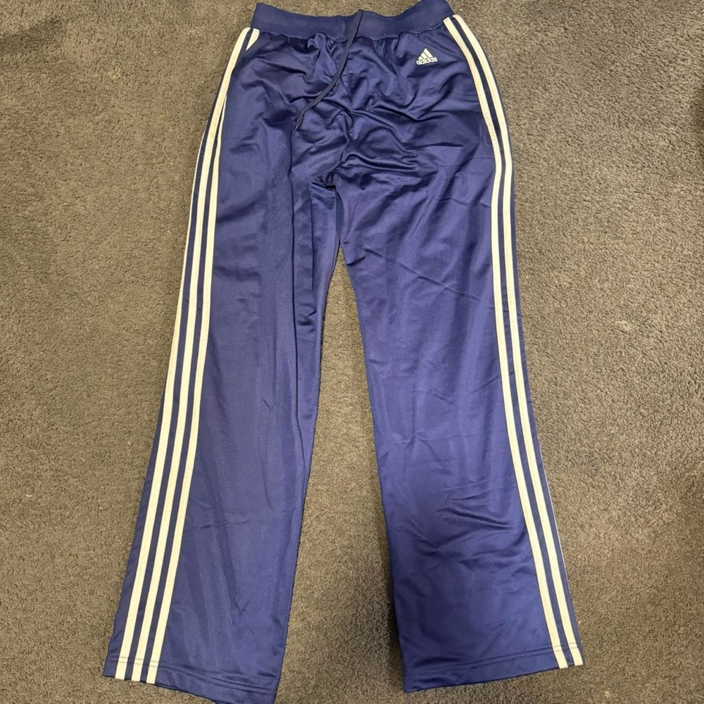 Adidas Navy wide leg sweats with White Stripes